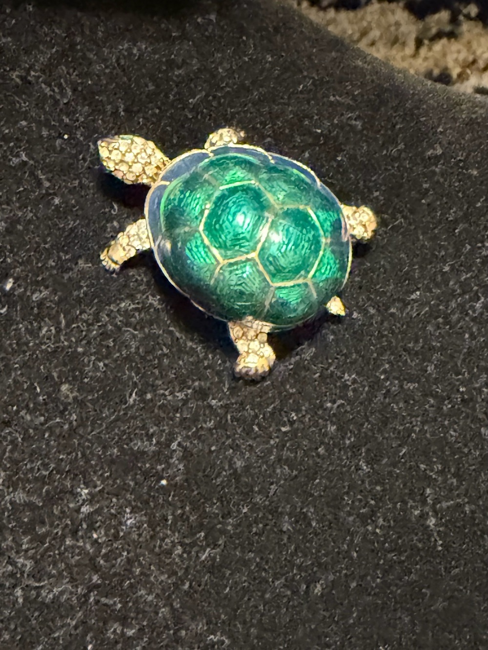 Vintage Ciner Green Enamel Turtle Brooch Rhinestone Gold Tone Figural Pin